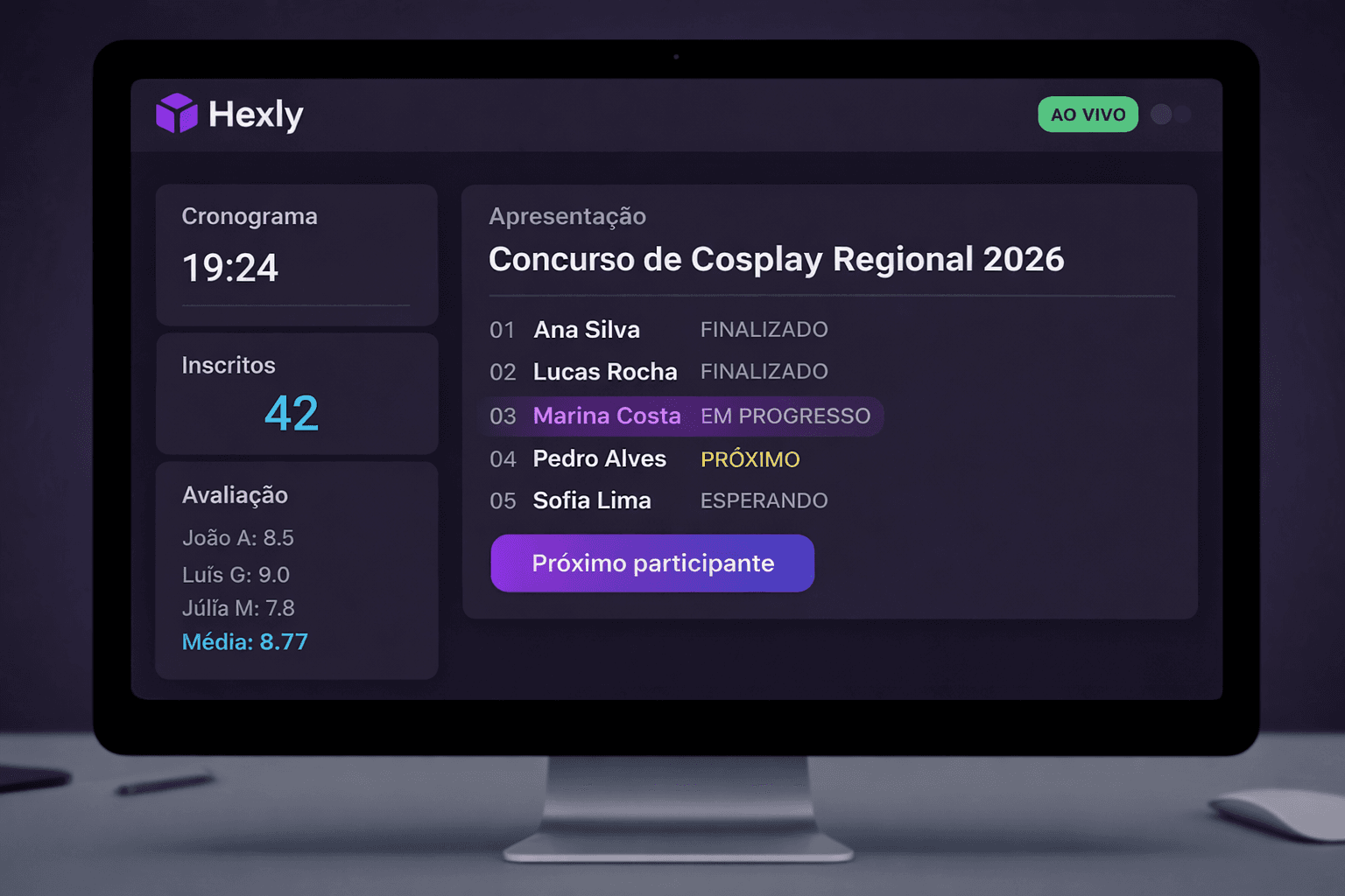 Painel de controle de evento no Hexly mostrando inscrições, ordem de palco e avaliações em tempo real